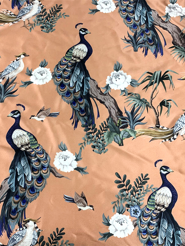 Oem seda personalizada digital impressa vintage flores e pavões tecido para cachecol, vestido, forro de costura, pijamas